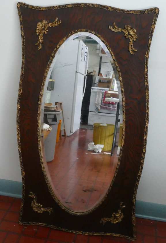 Beveled mirror with oak frame